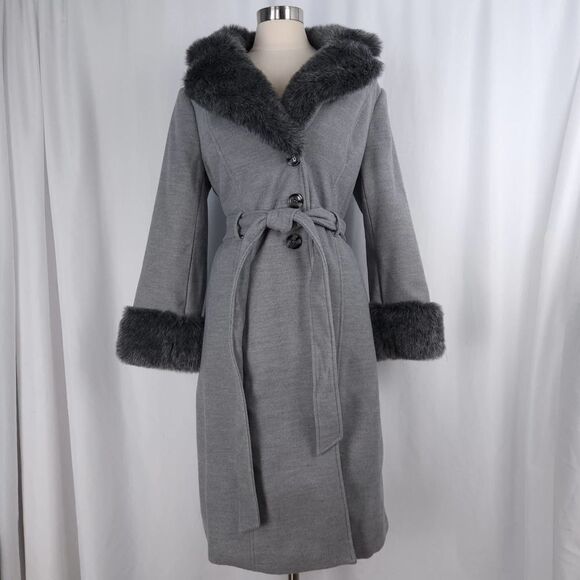Lane Bryant Grey Full Length Trench Coat with Faux Fur Trim Size 10/12 - Picture 6 of 12